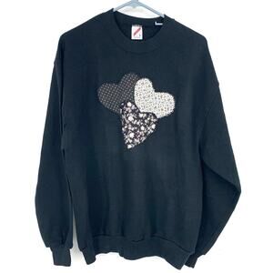 Jerzees Upcycled Women's Black Cotton Heart Appliqué Hand-Sewn Sweatshirt Large